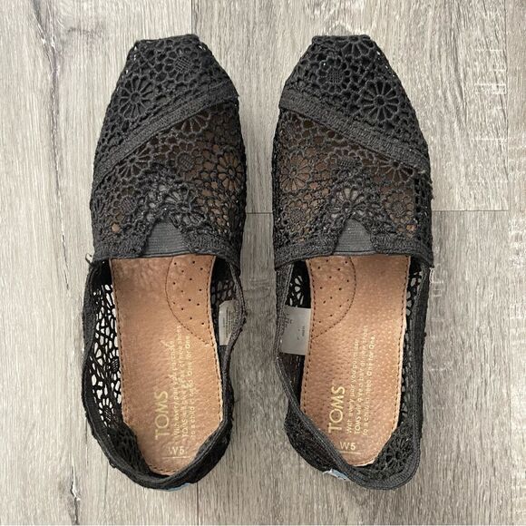 TOMS Alpargata Moroccan Black Crochet Floral Slip On Summer Flat Shoes Size 5 - Picture 5 of 17
